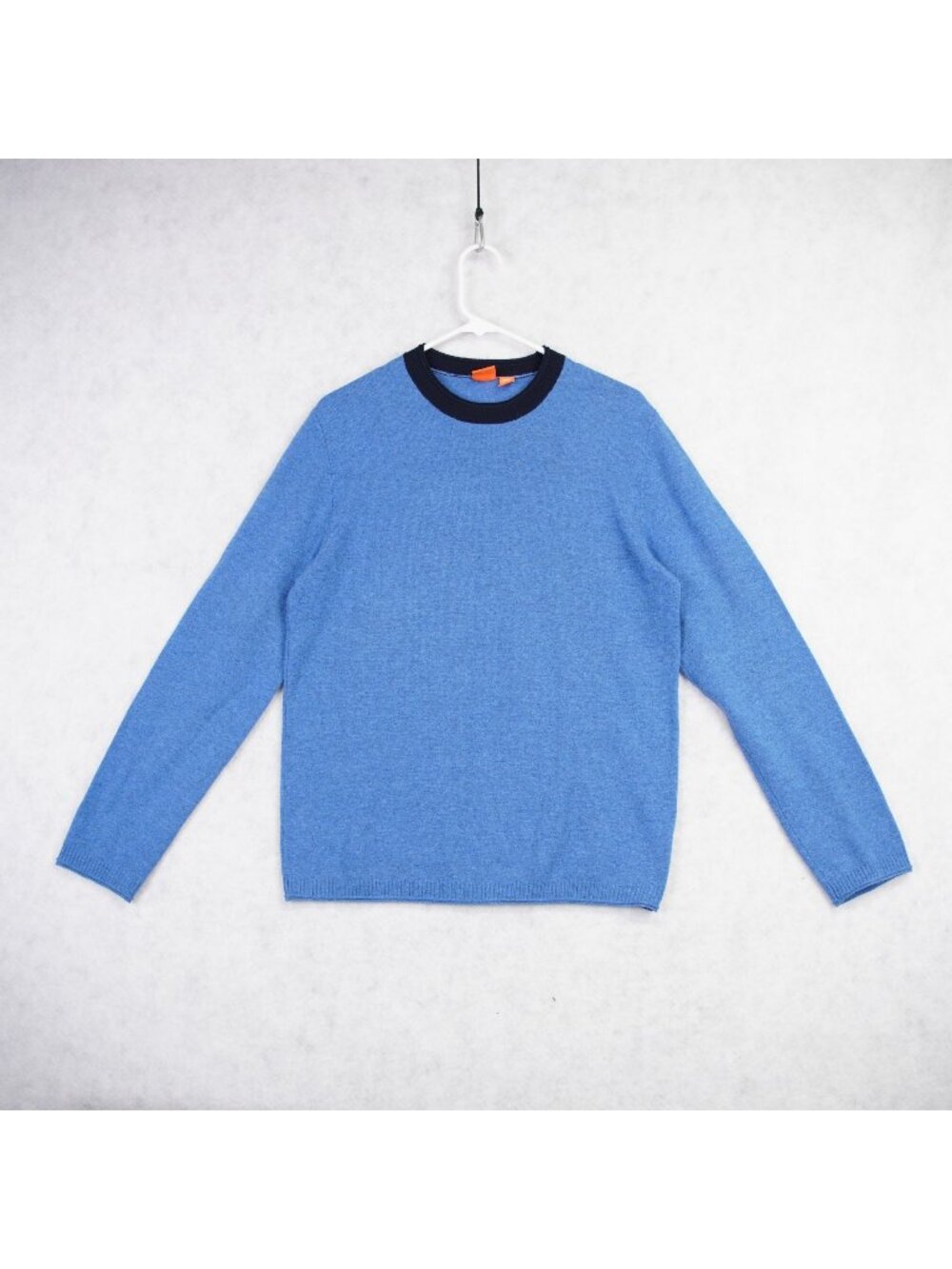 Vintage Hugo Boss Mens Blue Crewneck Virgin Wool Sweater Sz M Blue Shoulder Trim
